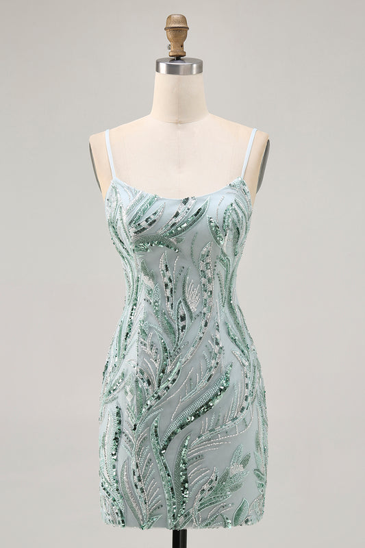 Sparkly Green Tight Beaded Short Homecoming Dress with Sequins