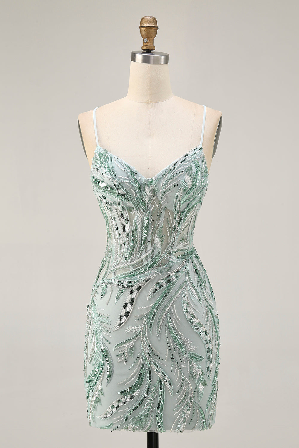 Sparkly Green Corset Short Homecoming Dress with Sequins Tight Lace Up Back Spaghetti Straps Cocktail Dress with Beading