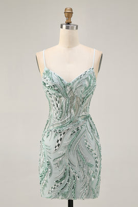 Sparkly Green Corset Short Homecoming Dress with Sequins Tight Lace Up Back Spaghetti Straps Cocktail Dress with Beading