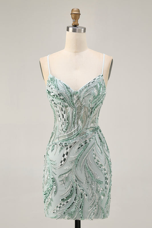 Sparkly Green Corset Short Homecoming Dress with Sequins Tight Lace Up Back Spaghetti Straps Cocktail Dress with Beading