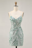 Sparkly Green Corset Short Homecoming Dress with Sequins Tight Lace Up Back Spaghetti Straps Cocktail Dress with Beading