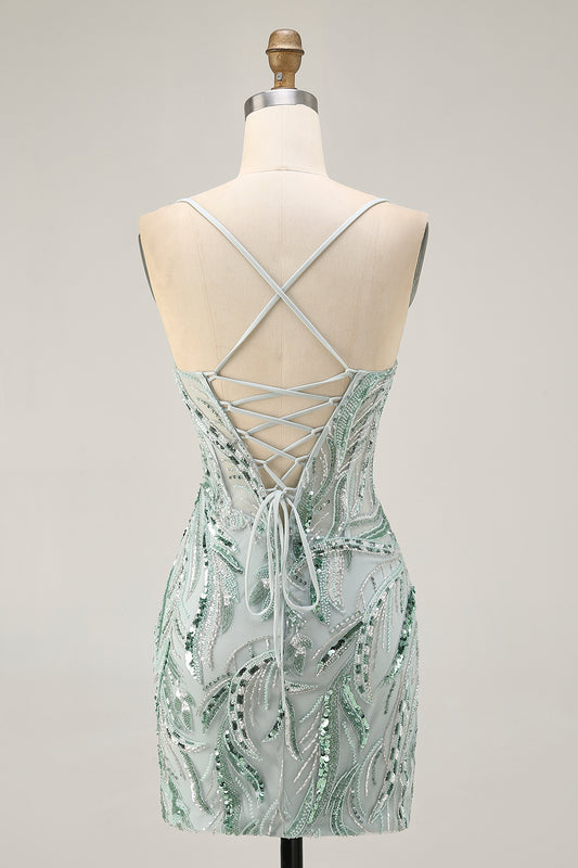Sparkly Green Corset Spaghetti Straps Short Homecoming Dress with Sequins