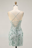 Sparkly Green Corset Spaghetti Straps Short Homecoming Dress with Sequins