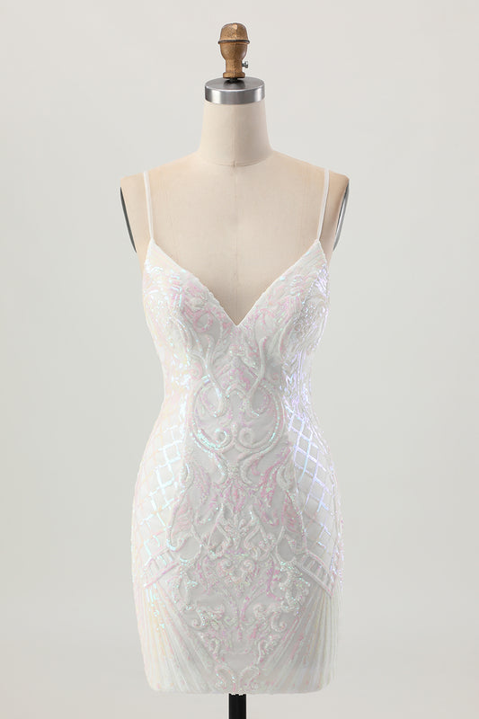 Sparkly White Spaghetti Straps Sequin Short Homecoming Dress