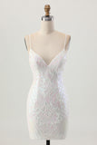 Sparkly White Spaghetti Straps Sequin Short Homecoming Dress