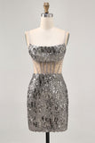 Sparkly Steel Grey Sequin Tight Short Corset Homecoming Dress