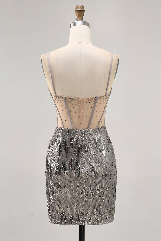 Sparkly Steel Grey Sequin Tight Short Corset Homecoming Dress