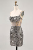 Sparkly Steel Grey Sequin Tight Short Corset Homecoming Dress