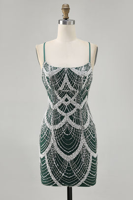Sparkly Dark Green Short Tight Homecoming Dress with Beading