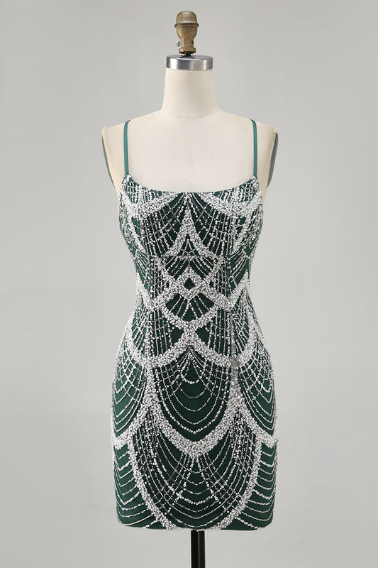 Sparkly Dark Green Short Tight Homecoming Dress with Beading