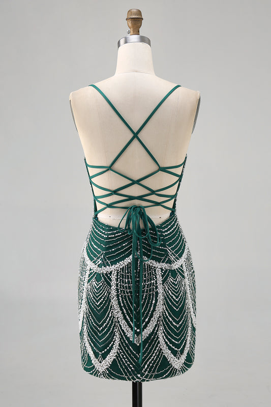 Sparkly Dark Green Short Tight Homecoming Dress with Beading