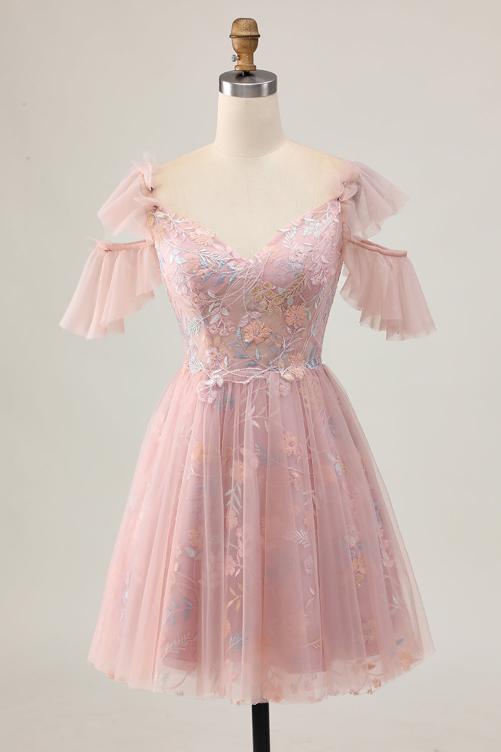 Sparkly Blush Floral Cold Shoulder Short Homecoming Dress with Ruffles