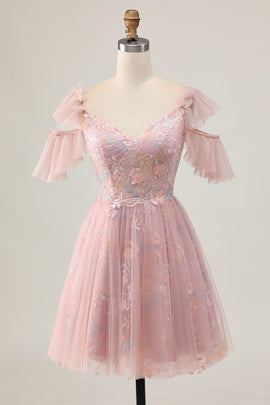 Sparkly Blush Floral Cold Shoulder Short Homecoming Dress with Ruffles