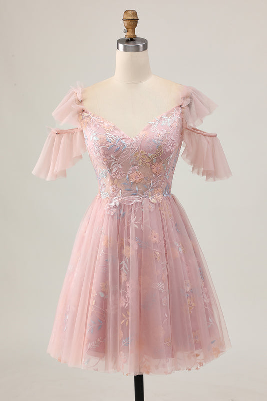 Sparkly Blush Floral Cold Shoulder Short Homecoming Dress with Ruffles