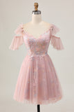 Sparkly Blush Floral Cold Shoulder Short Homecoming Dress with Ruffles