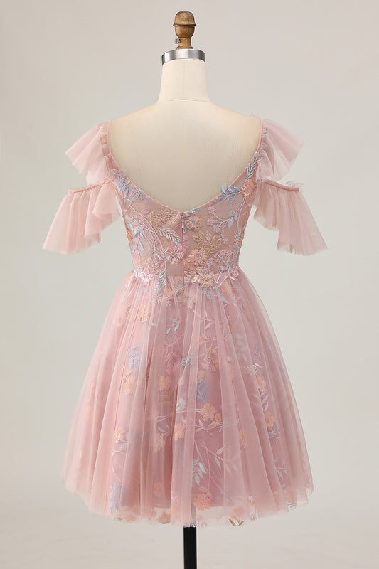 Sparkly Blush Floral Cold Shoulder Short Homecoming Dress with Ruffles