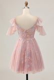 Sparkly Blush Floral Cold Shoulder Short Homecoming Dress with Ruffles