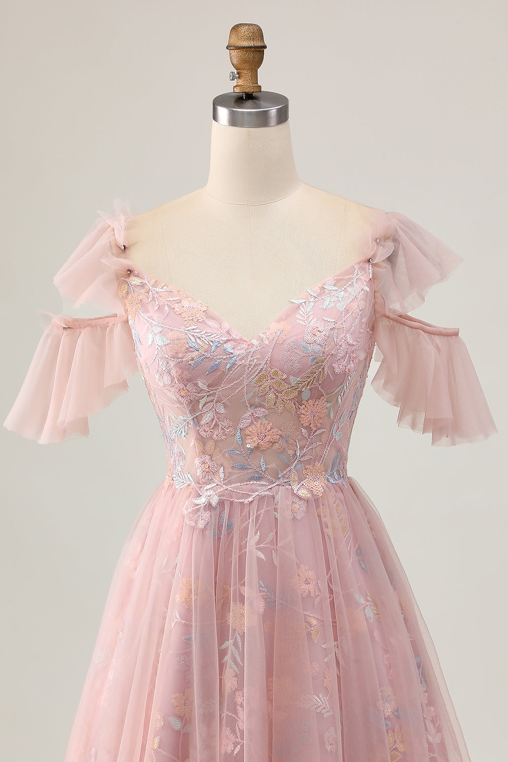Sparkly Blush Floral Cold Shoulder Short Homecoming Dress with Ruffles