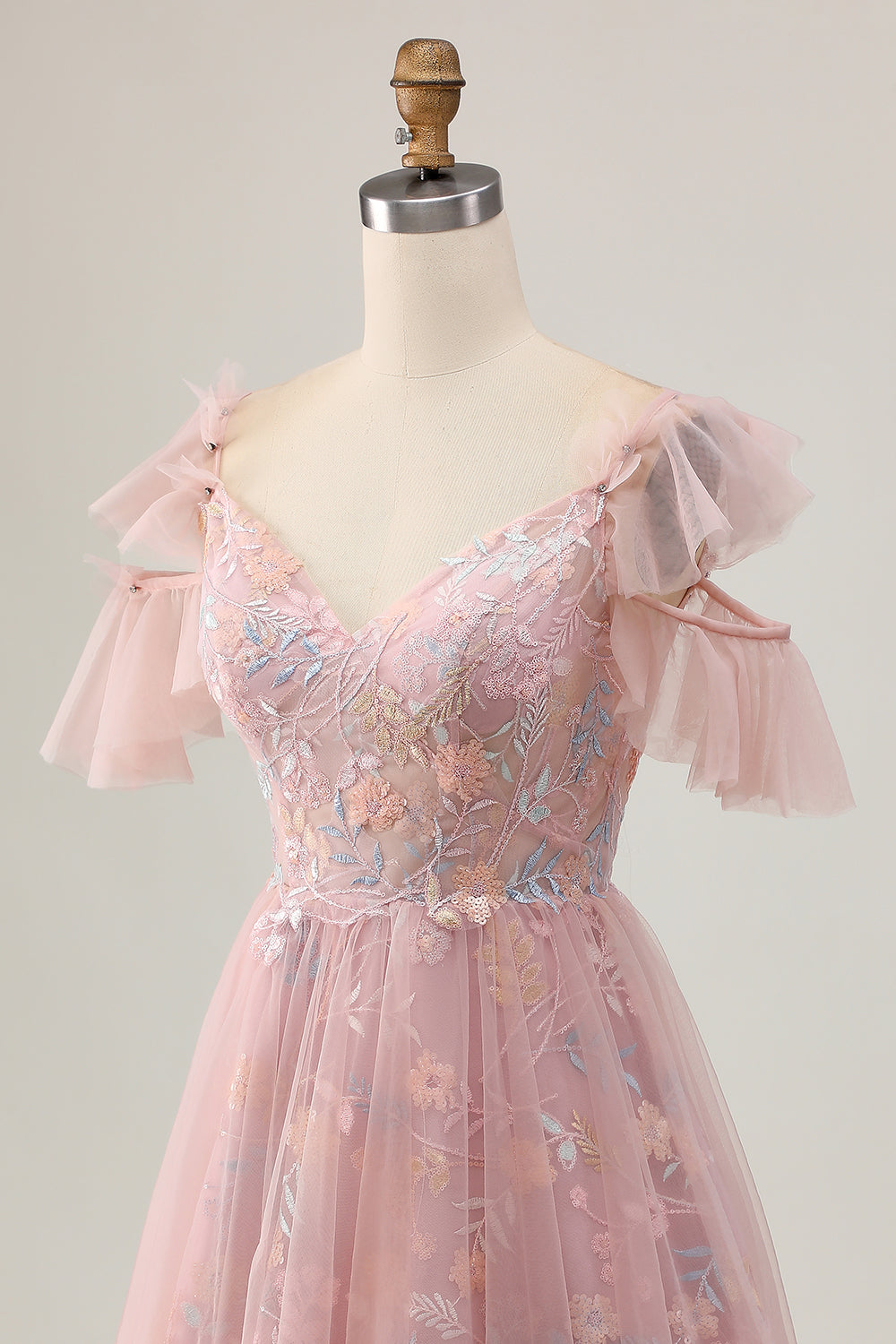 Sparkly Blush Floral Cold Shoulder Short Homecoming Dress with Ruffles