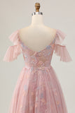 Sparkly Blush Floral Cold Shoulder Short Homecoming Dress with Ruffles