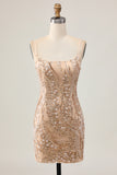 Sparkly Champagne Tight Sequin Short Homecoming Dress