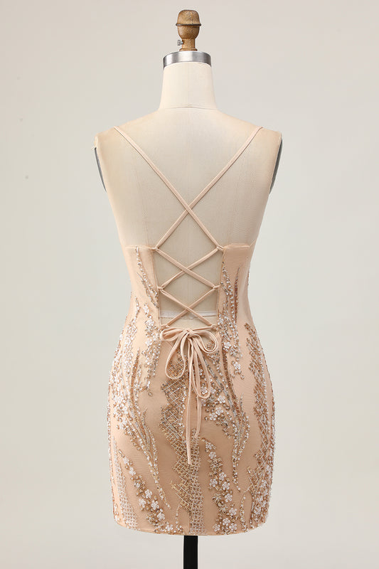 Sparkly Champagne Floral Tight Short Homecoming Dress with Beading