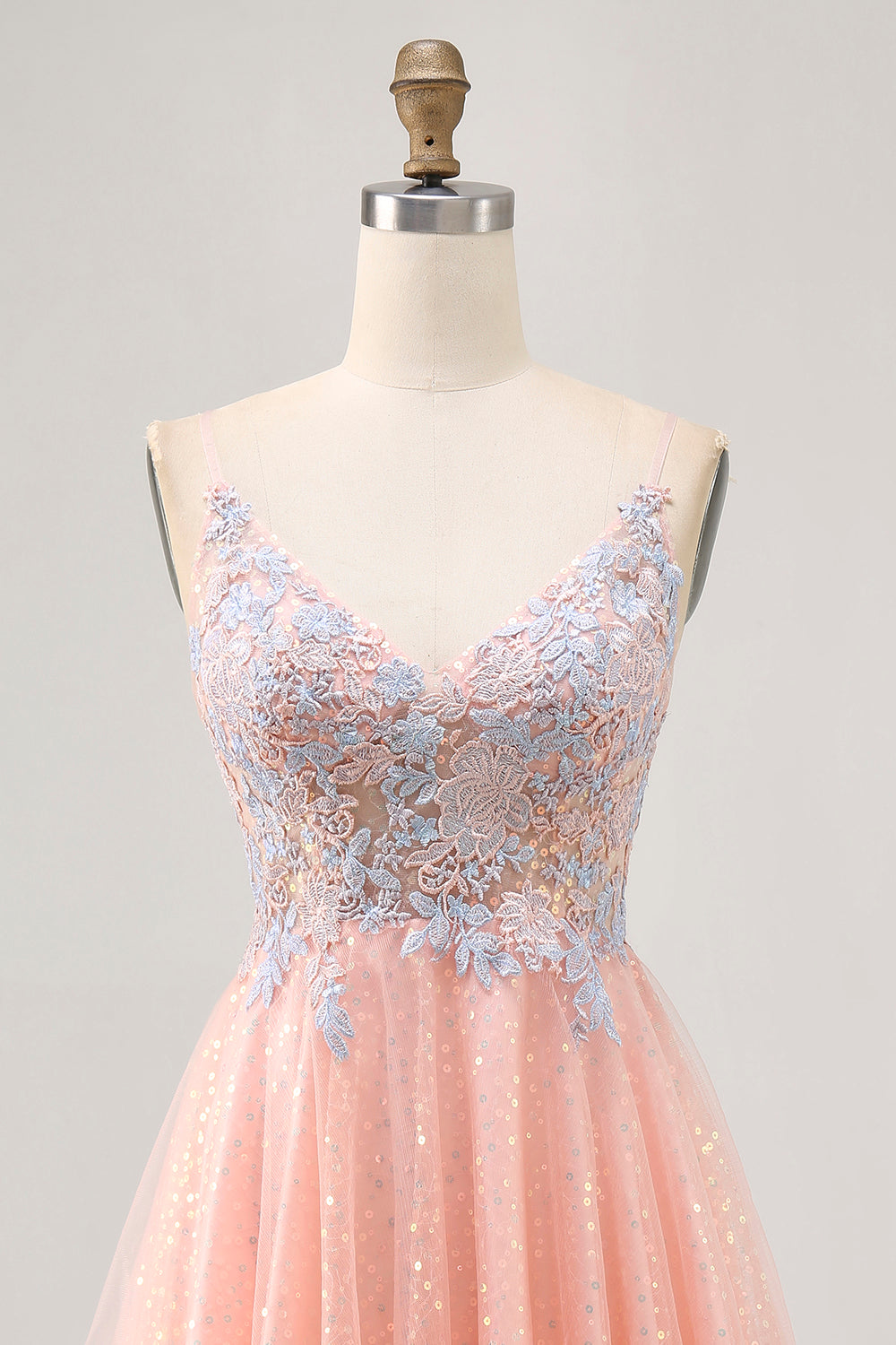 Sparkly Blush and Blue Appliqued Short Homecoming Dress with Sequins