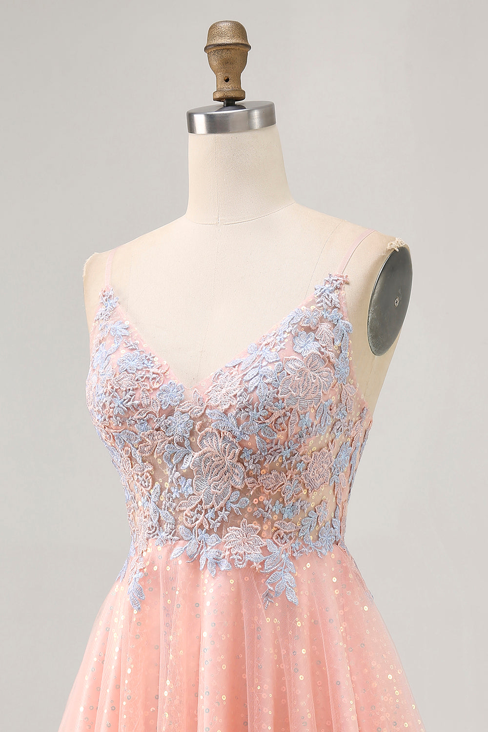 Sparkly Blush and Blue Appliqued Short Homecoming Dress with Sequins