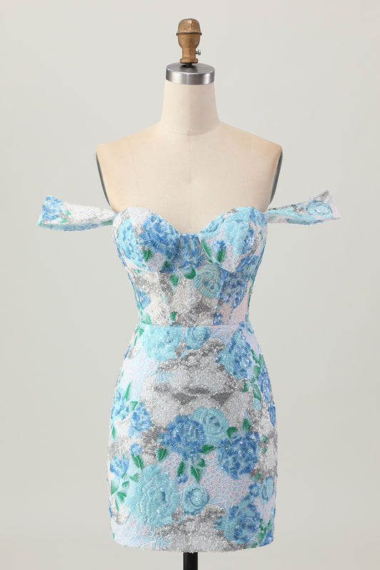 Sparkly White Blue Floral Sequin Short Tight Homecoming Dress