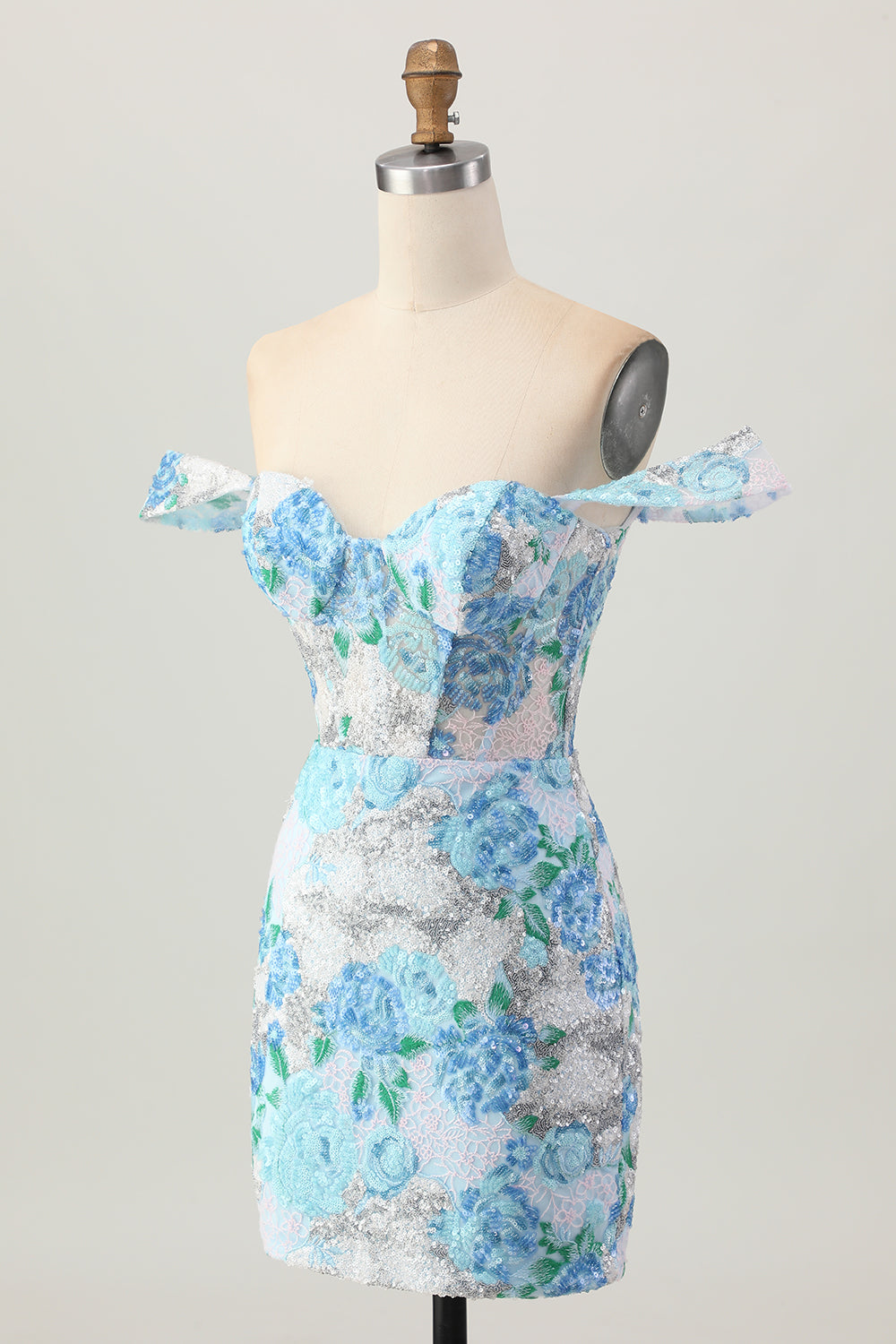 Sparkly White Blue Floral Sequin Short Tight Homecoming Dress