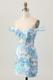 Sparkly White Blue Floral Sequin Short Tight Homecoming Dress