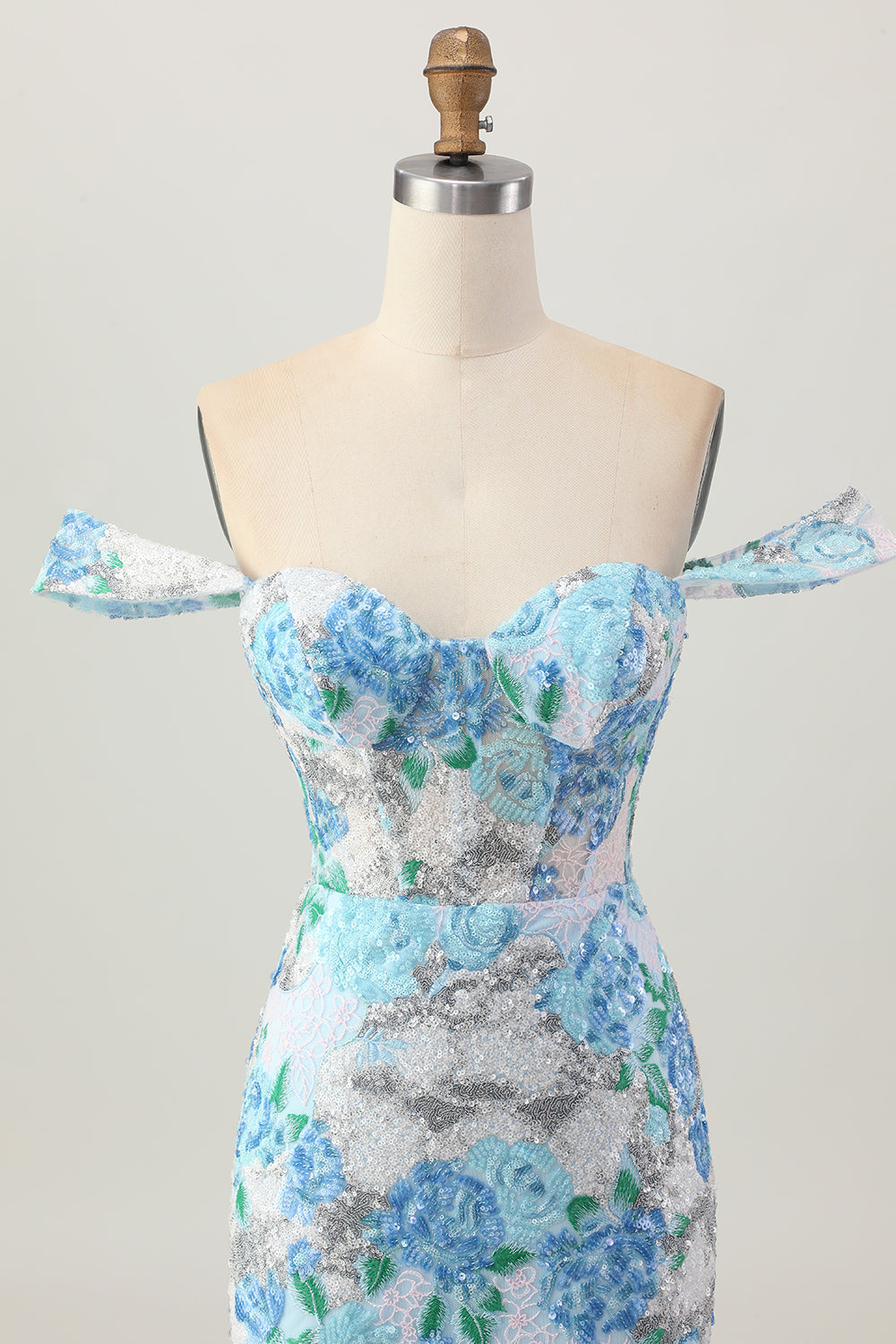 Sparkly White Blue Floral Sequin Short Tight Homecoming Dress