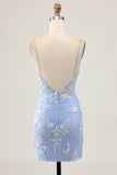 Sparkly Light Blue Floral Tight Short Corset Homecoming Dress with Appliques
