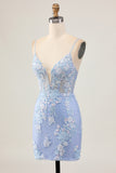 Sparkly Light Blue Floral Tight Short Corset Homecoming Dress with Appliques