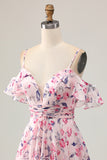 Pink Floral Chiffon Ruched Short Homecoming Dress with Ruffles