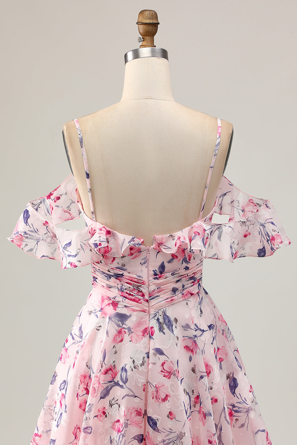 Pink Floral Chiffon Ruched Short Homecoming Dress with Ruffles