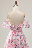 Pink Floral Chiffon Ruched Short Homecoming Dress with Ruffles