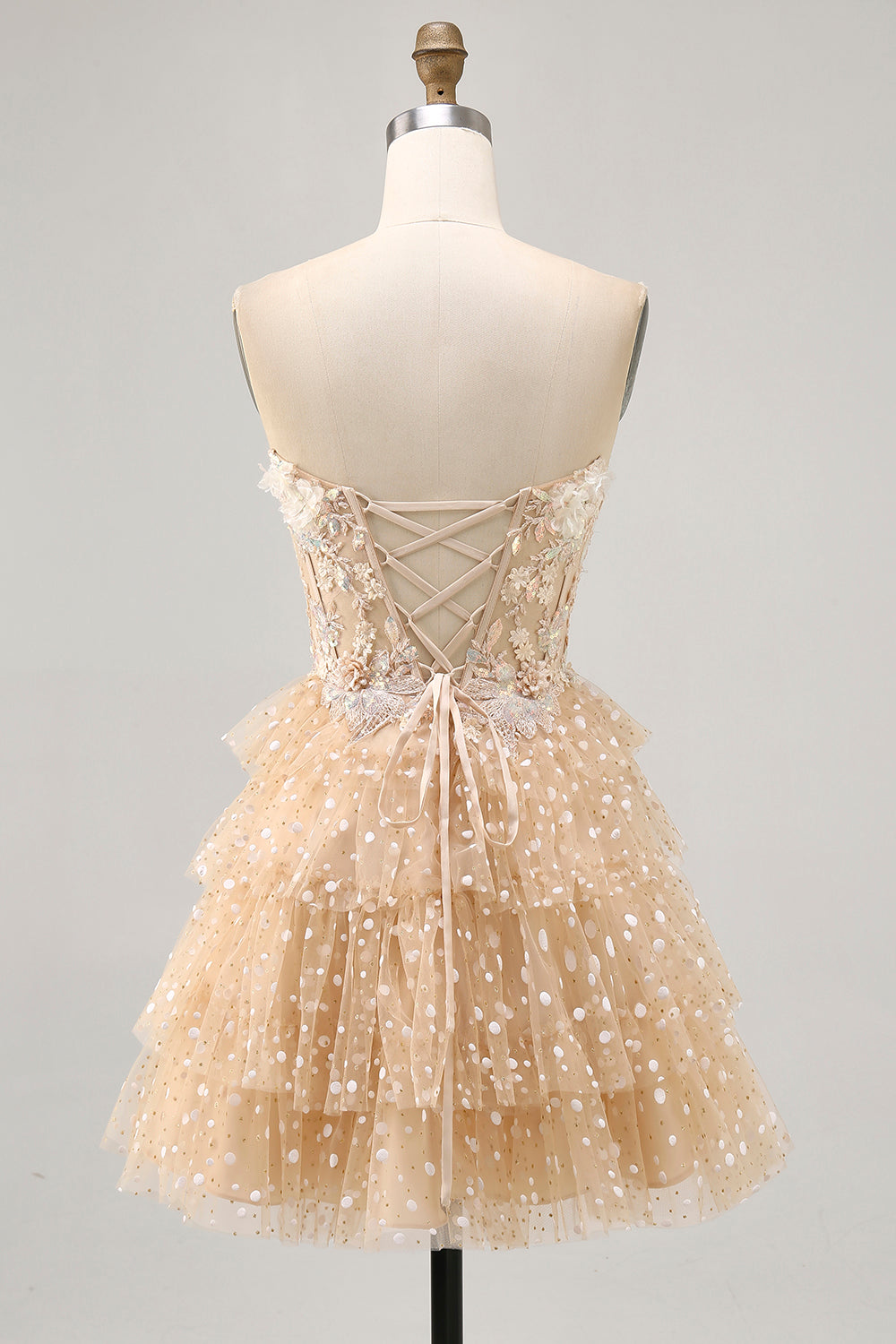 Zapakasa Women Sparkly Champagne Floral Short Corset Polka Dots Homecoming Dress Tiered A Line Lace-Up Back Strapless Cocktail Dress with Ruffles Zapakasa Women Sparkly Champagne Floral Short Corset Polka Dots Homecoming Dress Tiered A Line Lace-Up Back Strapless Cocktail Dress with Ruffles