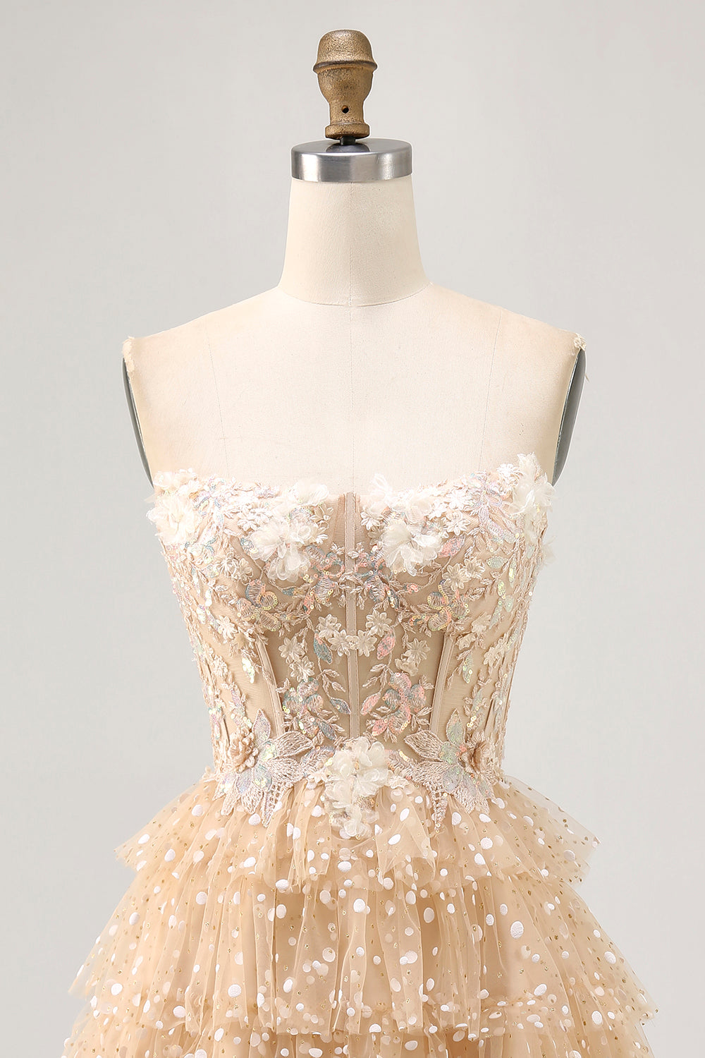 Zapakasa Women Sparkly Champagne Floral Short Corset Polka Dots Homecoming Dress Tiered A Line Lace-Up Back Strapless Cocktail Dress with Ruffles Zapakasa Women Sparkly Champagne Floral Short Corset Polka Dots Homecoming Dress Tiered A Line Lace-Up Back Strapless Cocktail Dress with Ruffles