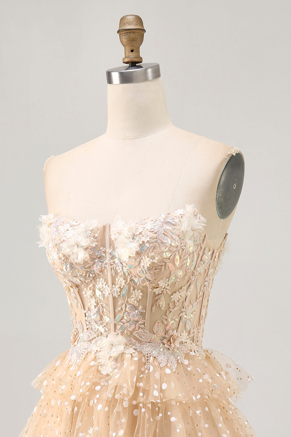 Sparkly Champagne Floral Short Corset Polka Dots Homecoming Dress