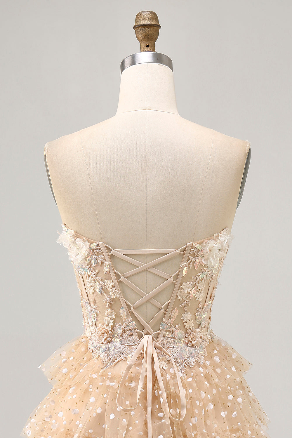 Sparkly Champagne Floral Short Corset Polka Dots Homecoming Dress
