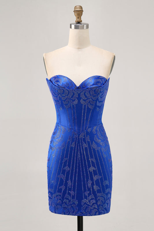 Sparkly Royal Blue Satin Short Tight Homecoming Dress with Beading