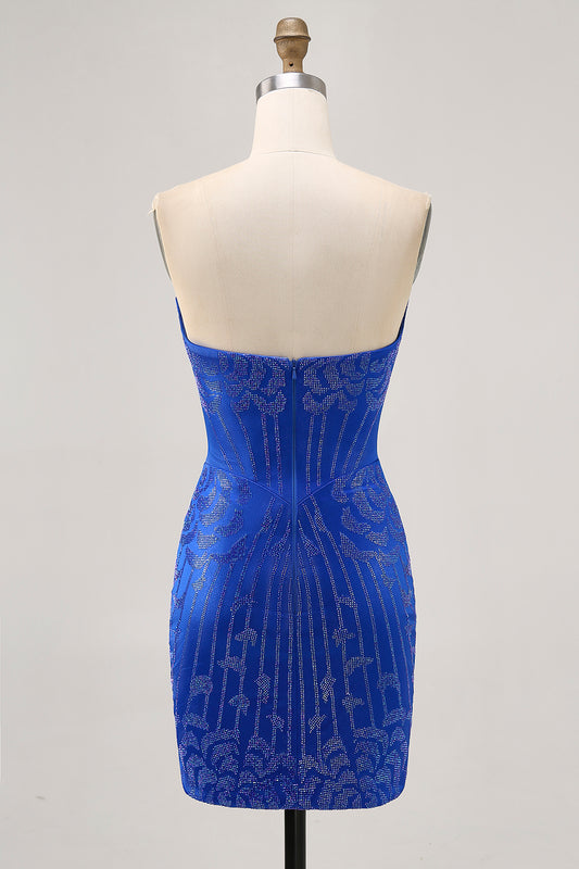 Sparkly Royal Blue Satin Short Tight Homecoming Dress with Beading