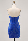 Sparkly Royal Blue Satin Short Tight Homecoming Dress with Beading