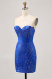Sparkly Royal Blue Satin Short Tight Homecoming Dress with Beading