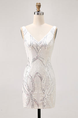 Sparkly White Tight V-Neck Short Homecoming Dress with Lace