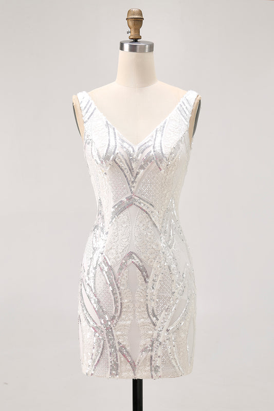 Sparkly White Tight V-Neck Short Homecoming Dress with Lace