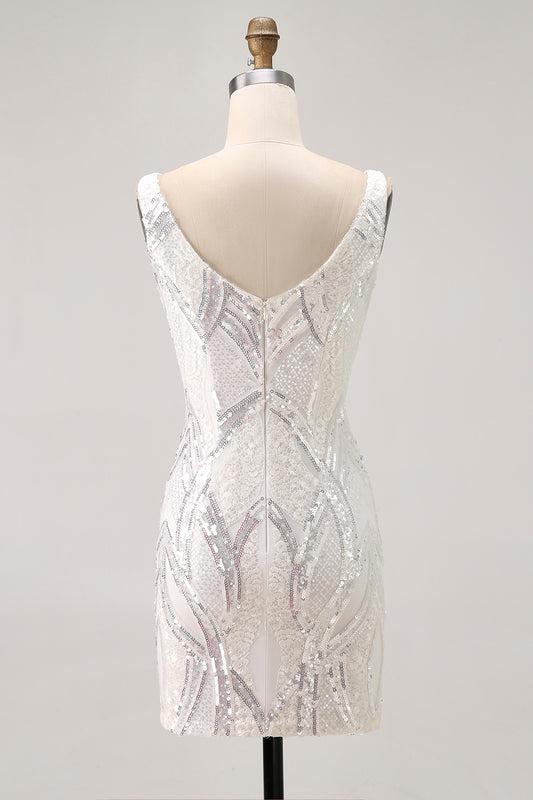 Sparkly White Tight V-Neck Short Homecoming Dress with Lace