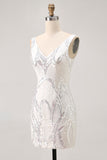 Sparkly White Tight V-Neck Short Homecoming Dress with Lace