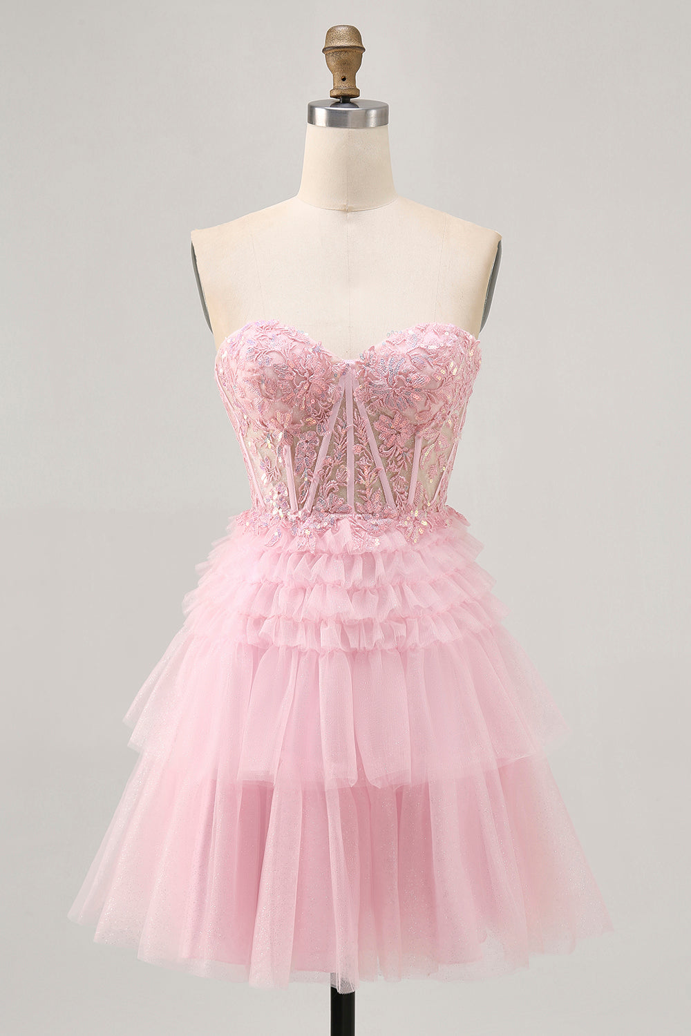 Zapakasa Women Sparkly Pink Corset Tulle Short Homecoming Dress with
